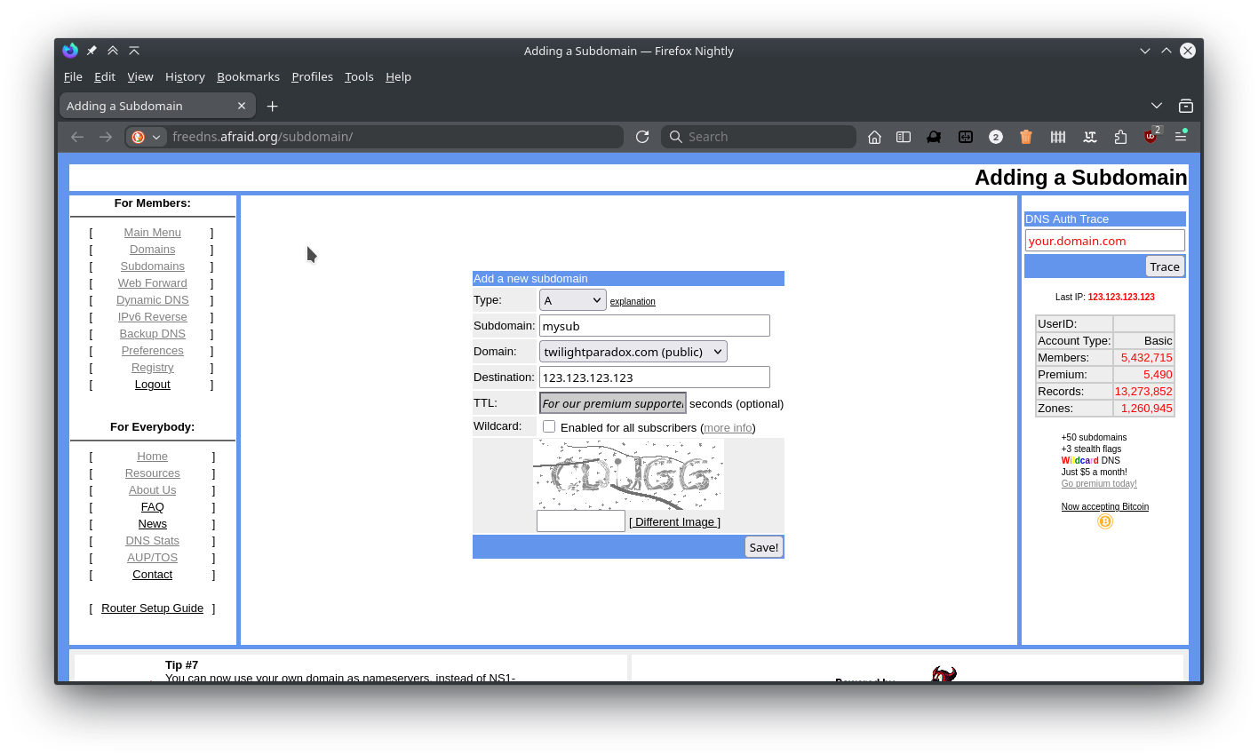 Creating subdomain in freedns